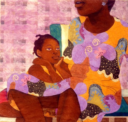 A young Black girl relaxes across her mother’s lap with her chin resting in her hands and gazes out of the painting with bright, thoughtful eyes. Her mother is wearing a colourfully patterned dress with yellow, lilac, and blue swirls and floral designs. Small squares in the background create a tiled or quilted effect.