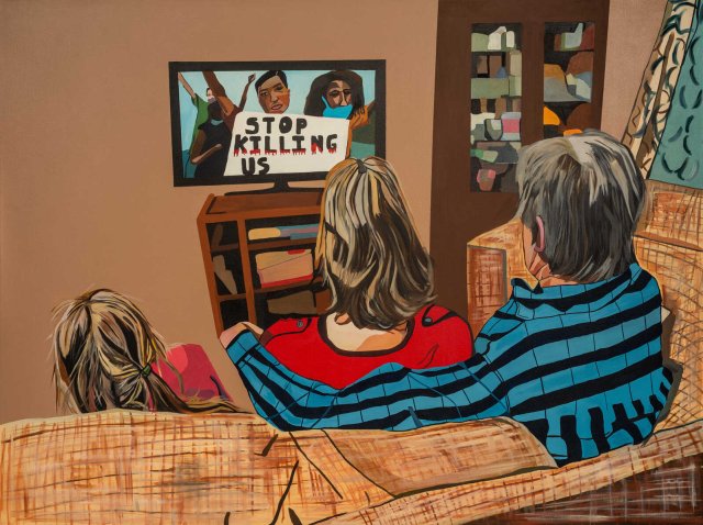 A white family with a mother, father and child are shown from behind sit on the sofa together watching TV. On the TV a group of Black individuals are holding up a sign which says ‘STOP KILLING US’. The empty space on the wall around the TV screen draws the eyes in to this part of the image.