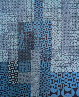 A tessellated image in various shades of blue and indigo. The painting is divided into many different coloured squares with geometric patterns of swirling black lines. There are some large, blocky geometric patterns while others have more dense, detailed patterns of lines. The different patterns create layers and depth within the painting.